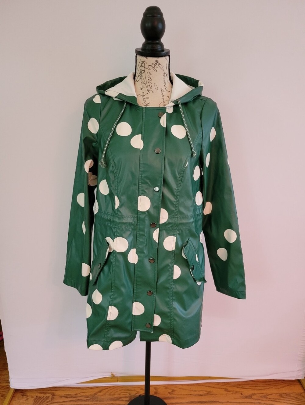 Modcloth Green and White Polka Dot Hooded Raincoat